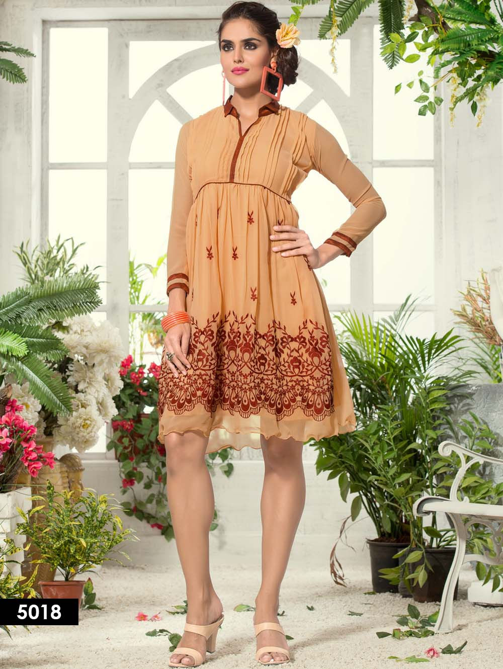 5018 Sandy Brown Designer Embroidered Georgette kurti