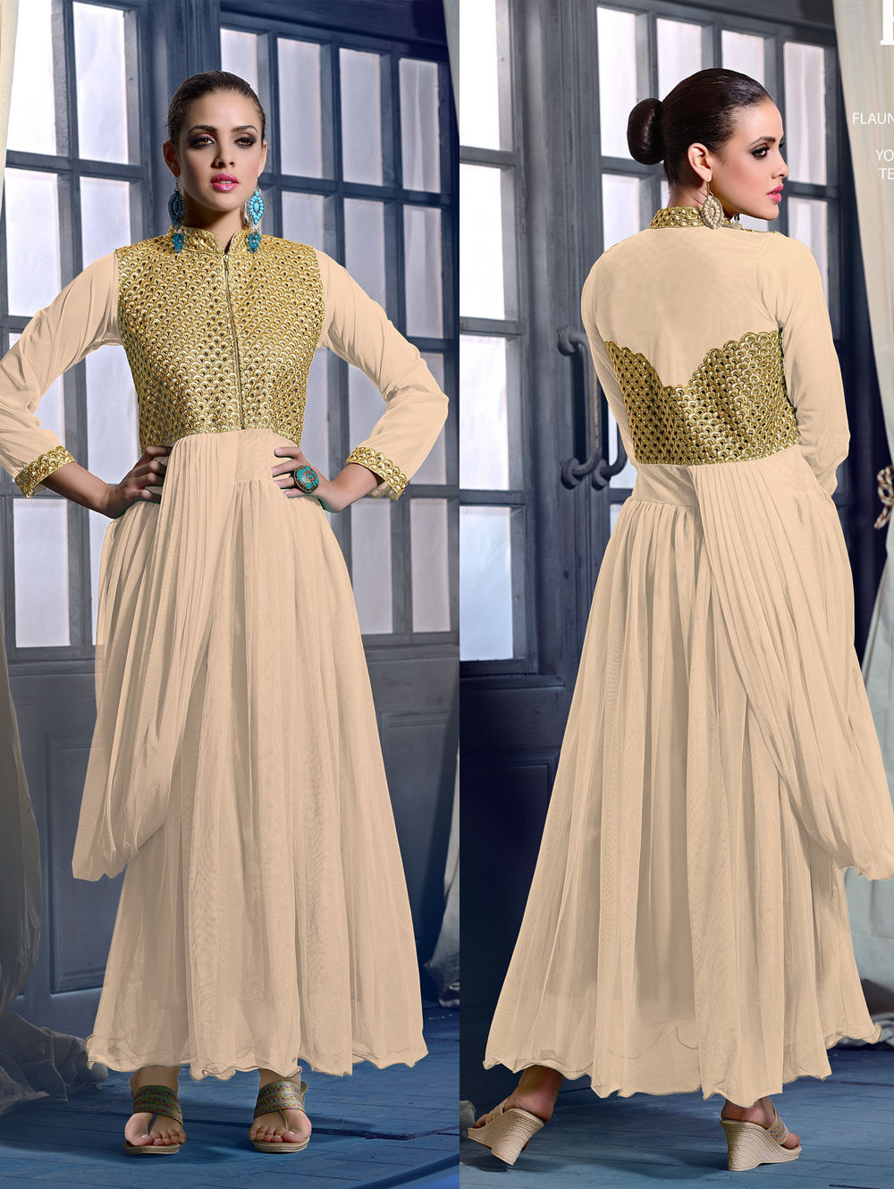20018Cream Wedding Occasional Wear Designer Anarkali Style Gown
