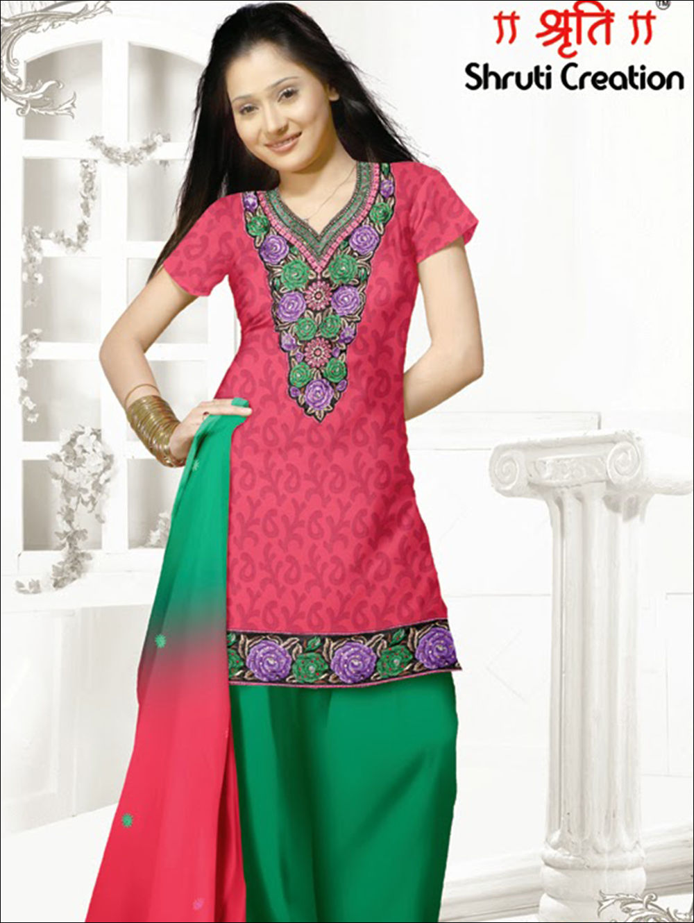 1108Carrot Red and Green Chudidar Suit
