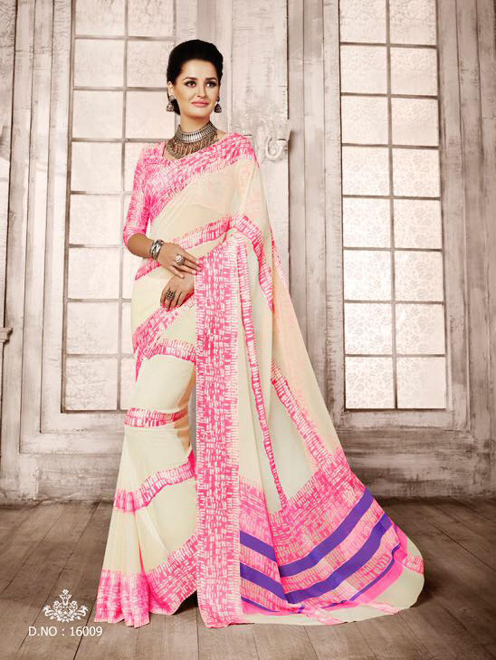 16009Cream and Pink Exclusive Function Wear Georgette Saree