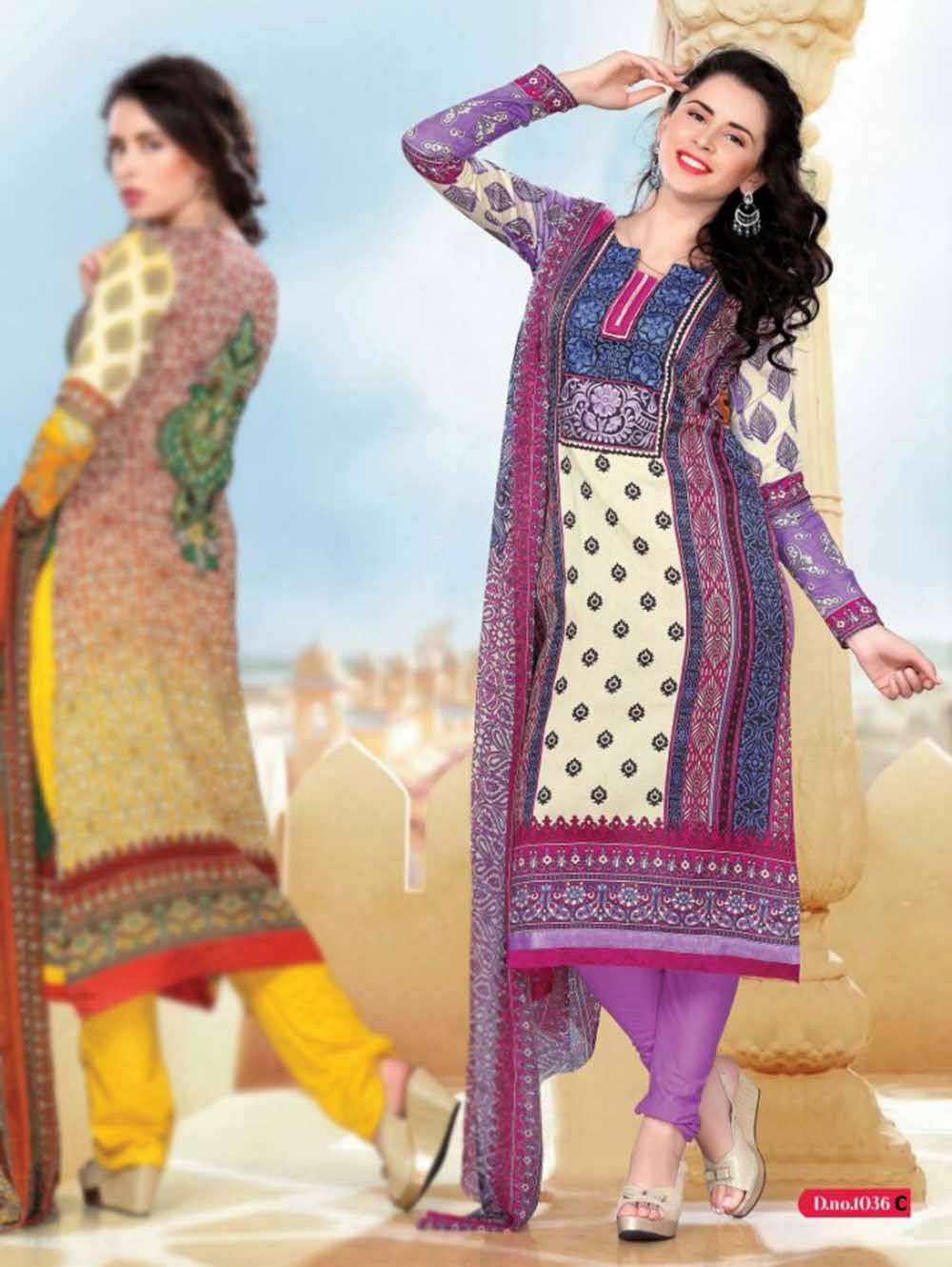 1036C Cream and Blue Cotton Straight Suit