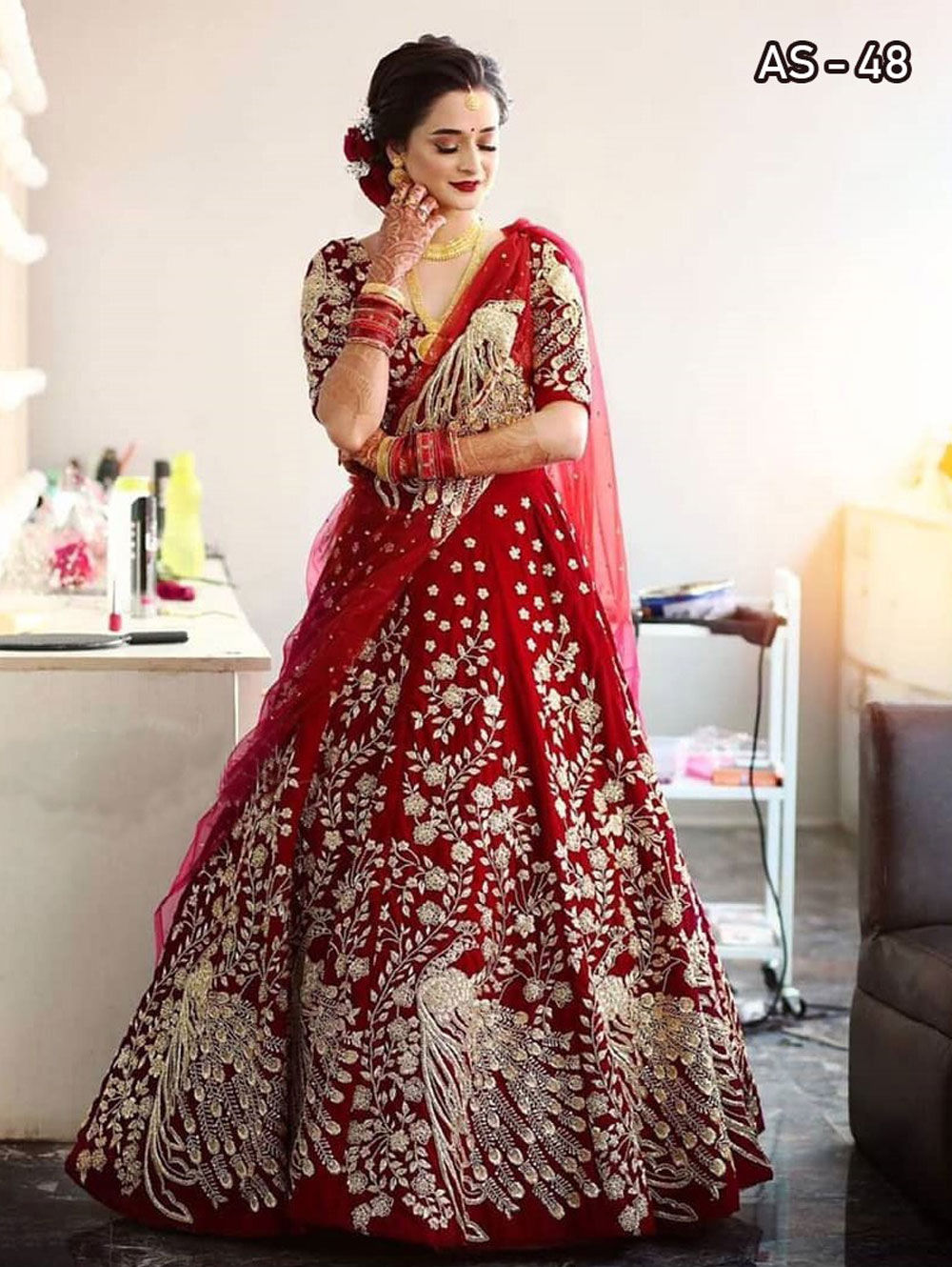 Falu Red Bridal Wear Peacock Embroidered Lehenga Choli