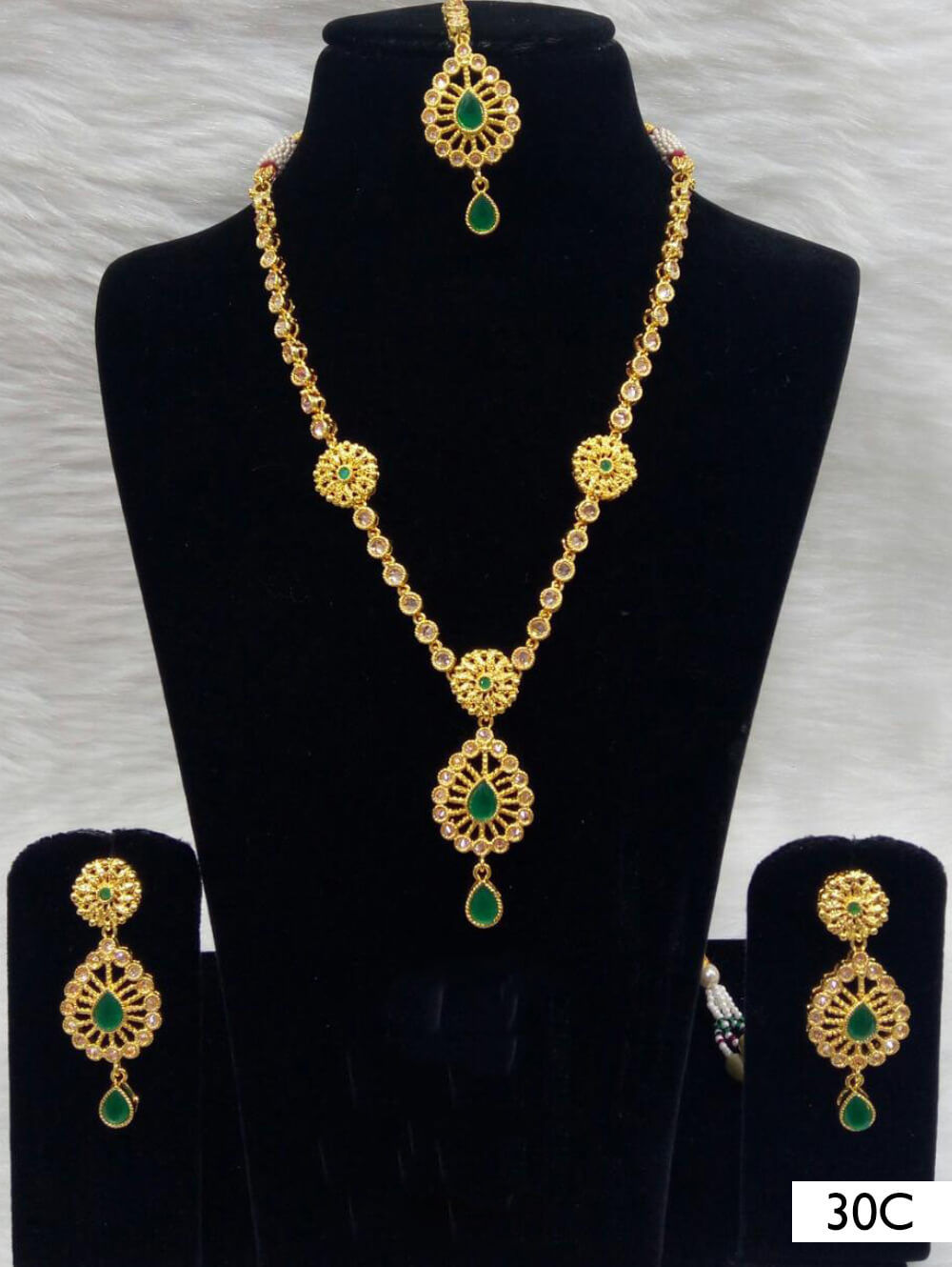 30C White and Green Diamond Work Necklace Set with Maang Tika