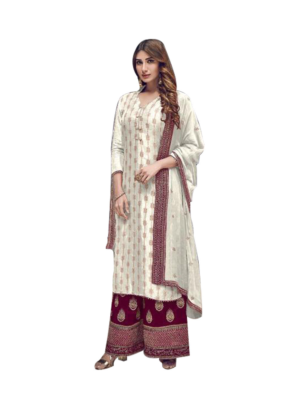 White Faux Georgette Plazo Suit