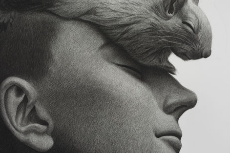 Large-scale Conté drawing of a squirrel sleeping on the head of a serene human