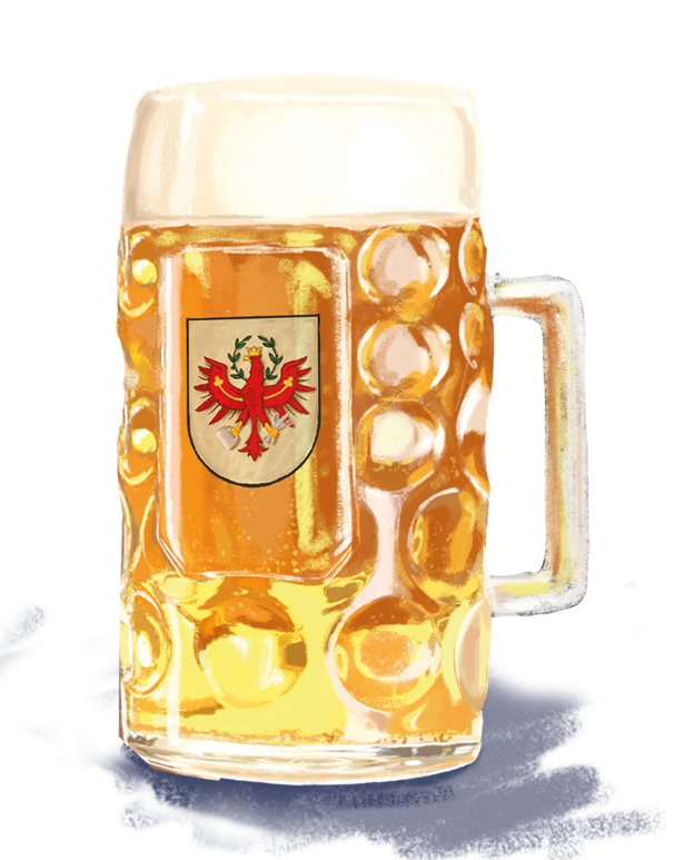 Gezeichnete Grafik eines halben Liter Glases Bier mit dem Tiroler Adler-Logo