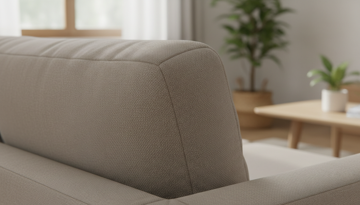 Cận cảnh đường may mới trên góc nệm sofa màu trung tính