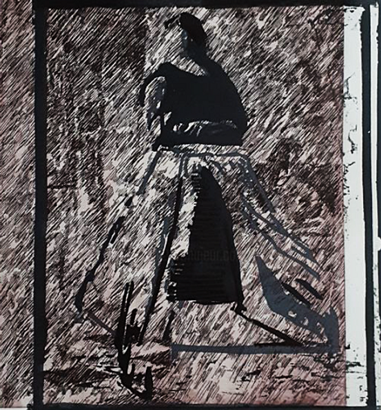 Entre les lignes de la lumière. Linogravure et eau forte sur papier.