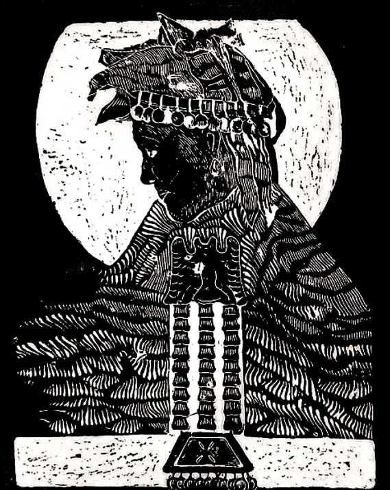 La mirada inquieta. Linogravure. L'œuvre est inspirée à l'univers des Mapuches.
