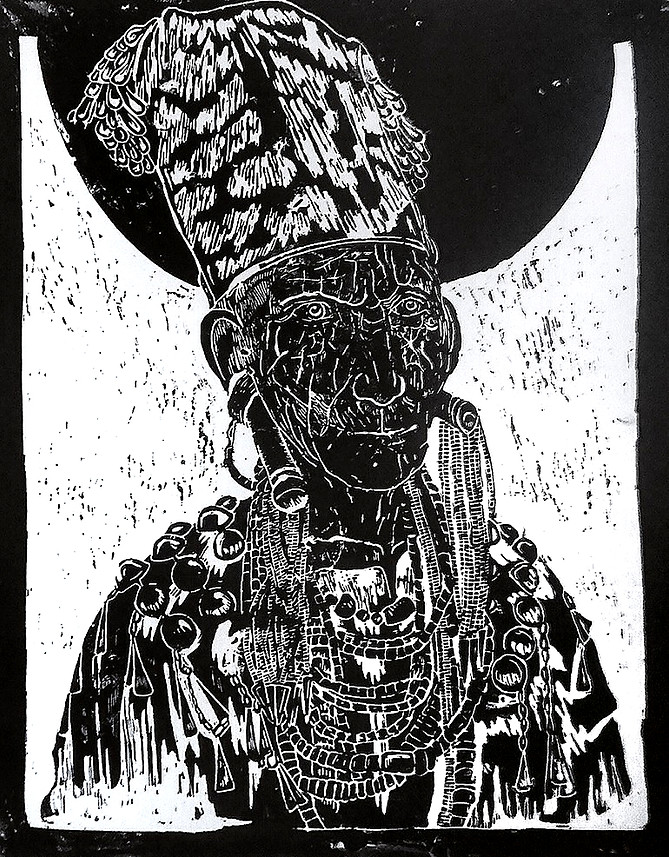 La dame au collier. Linogravure. La gravure est inspirée au dessin au stylo bille.