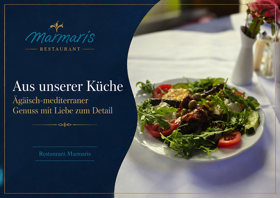 Aus unserer Küche: Frisch angerichteter mediterraner Teller mit knackigem Gemüse, Kräutern, Oliven und feinen Komponenten aus unserer Küche – leicht, frisch und typisch Marmaris.