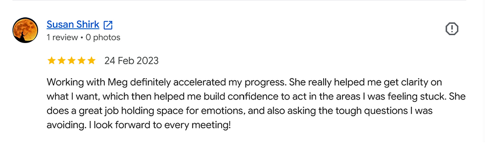 Screenshot of Google review from Susan Shirk describing her coaching experience with Meg Bishton