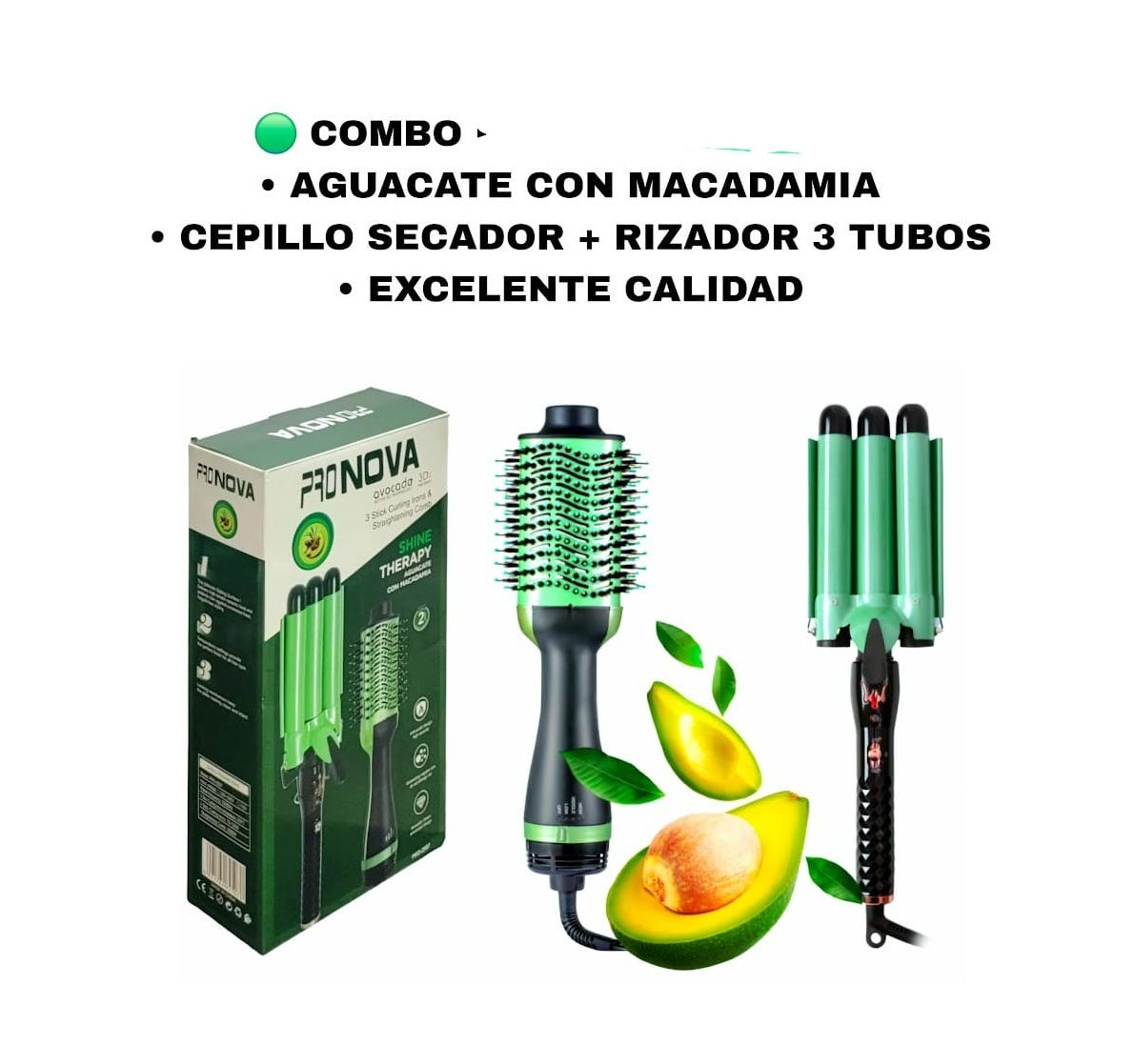 Combo Cepillo Secador Voluminizador + Rizador de Cabello 3 Tubos ProNova Aguacat