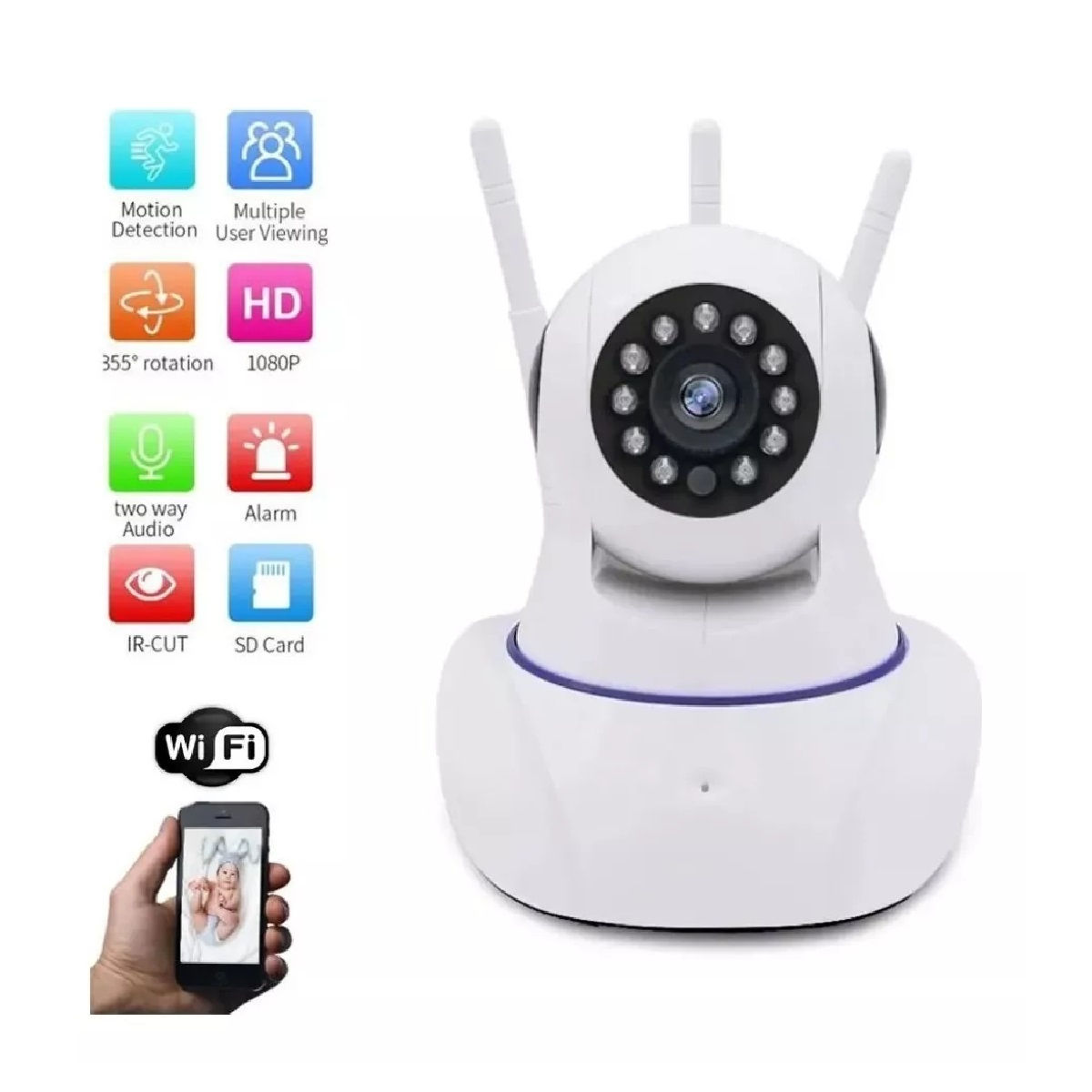 Cámara IP 3 antenas Wifi Visión Nocturna 1080p