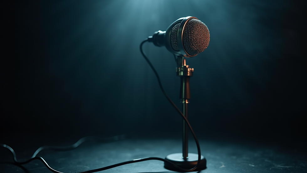Eye-level view of a vintage microphone on a dark stage