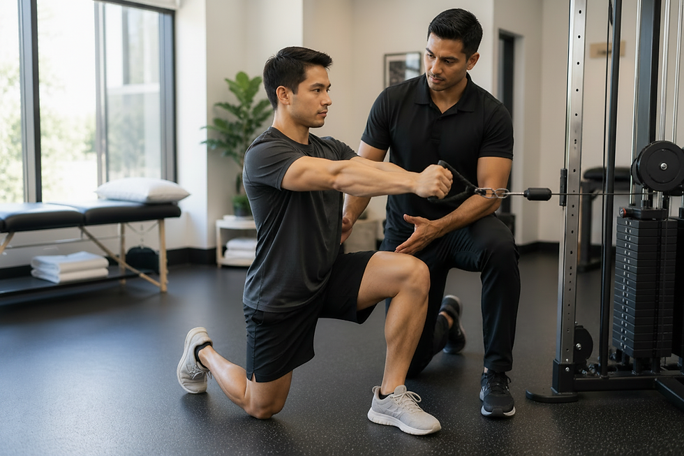 Physical therapist coaching a patient in a bright clinic