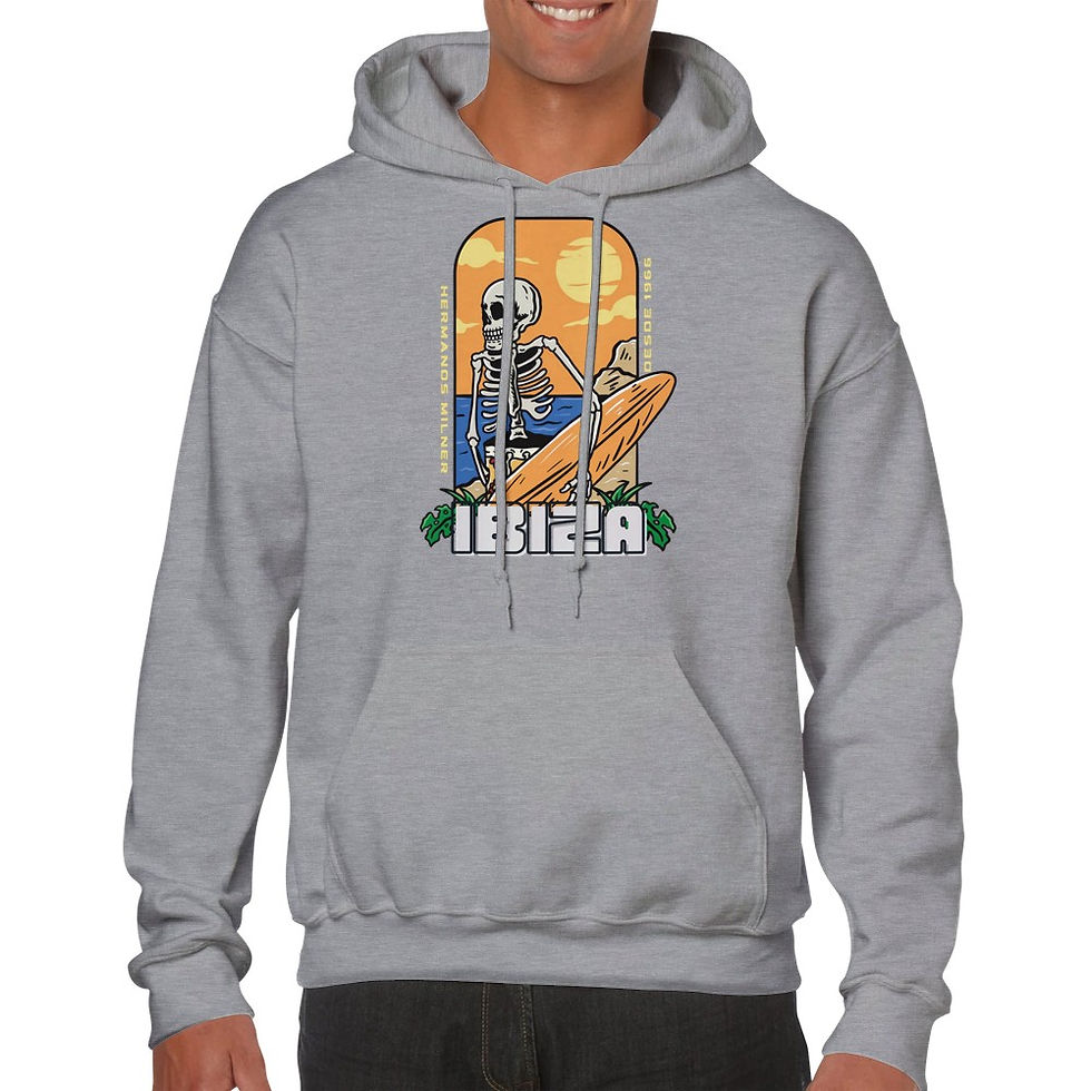 Thumbnail: Hermanos Milner Ibiza 1966 Skeleton Surfboard Premium Unisex Pullover Hoodie