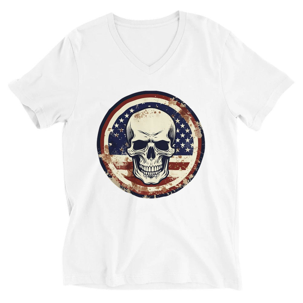 Vintage Style American Flag/Skull V-Neck T-shirt