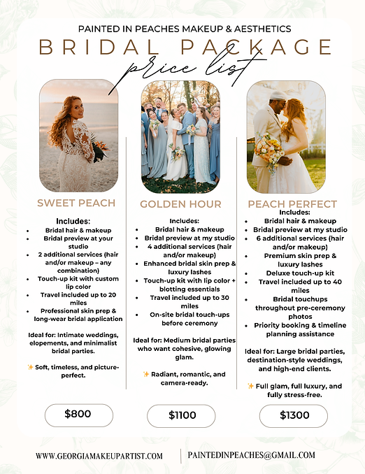 Painted In Peaches bridal packages includes 3 different packages, sweet peach, golden hour and peach perfect. Based out of middle georgia but willing to travel anywhere Cami at Painted In Peaches has 3 makeup and hairstyling packages with include bridal hair and makeup, bridal preview, additional services and travel.