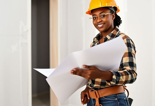 black woman holding plans in a half finished drywall room with a hard hat and construction
