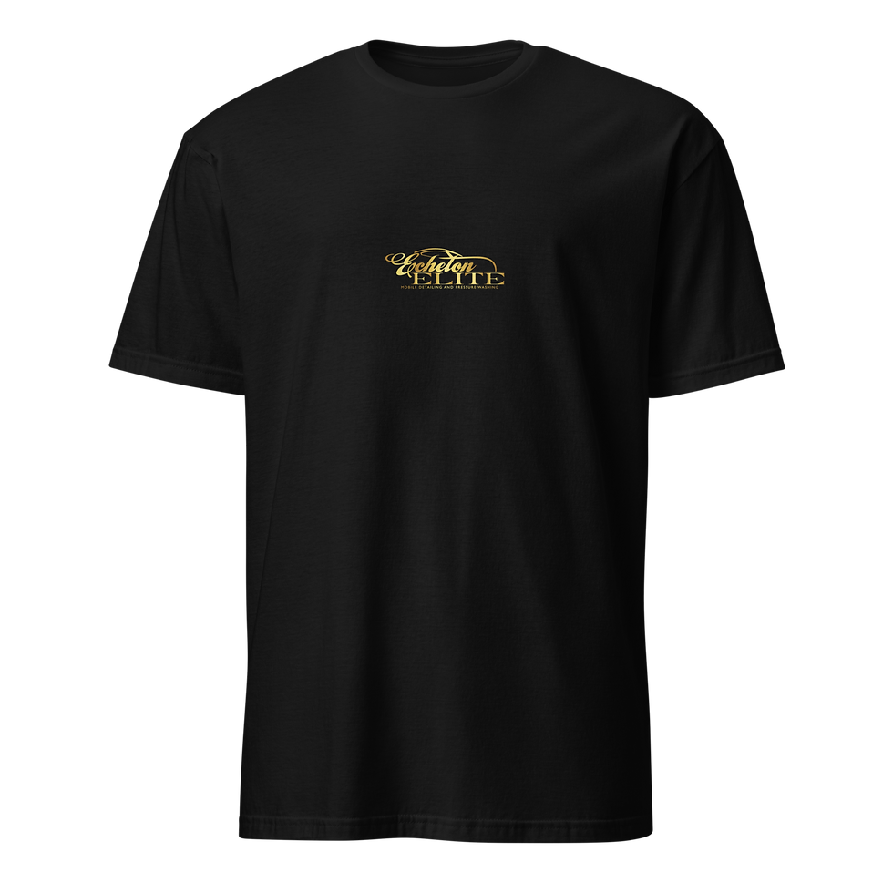 Black T-shirt featuring a gold logo with the text Echelon Elite on it.