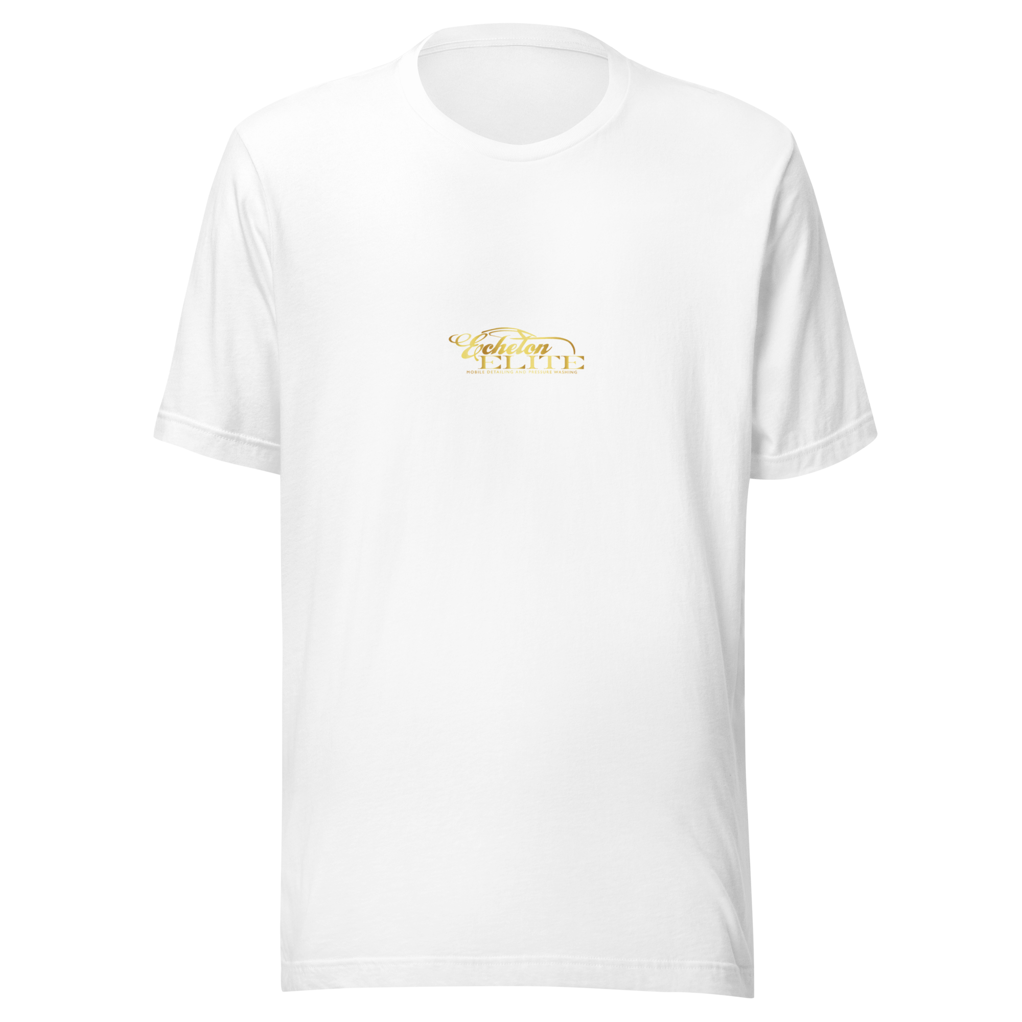 White t-shirt with gold design, Echelon Elite logo visible on the chest.