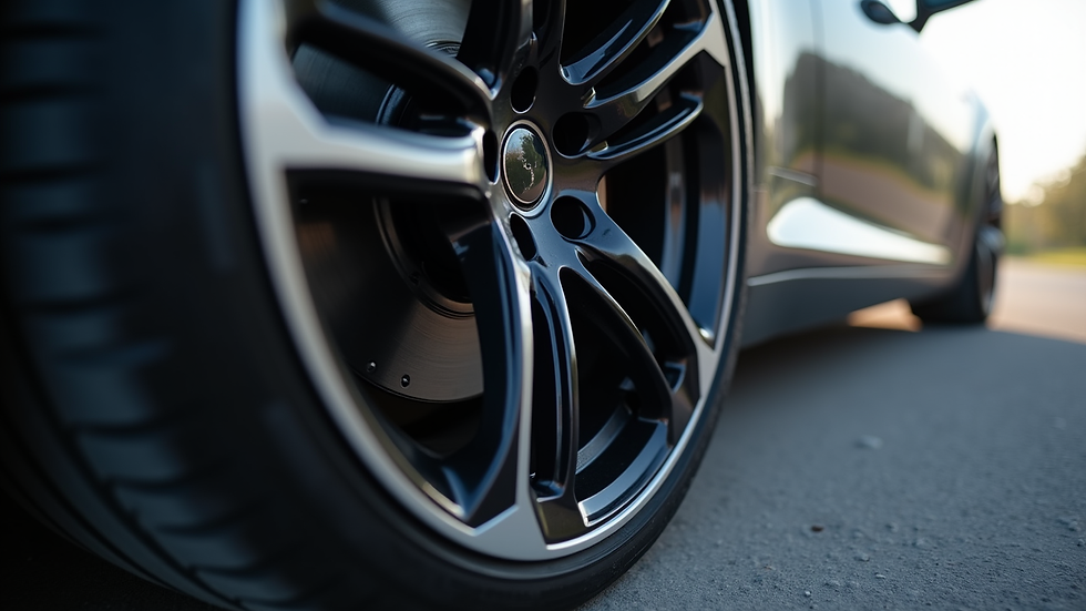 Eye-level view of detailed car wheel and tire with glossy finish