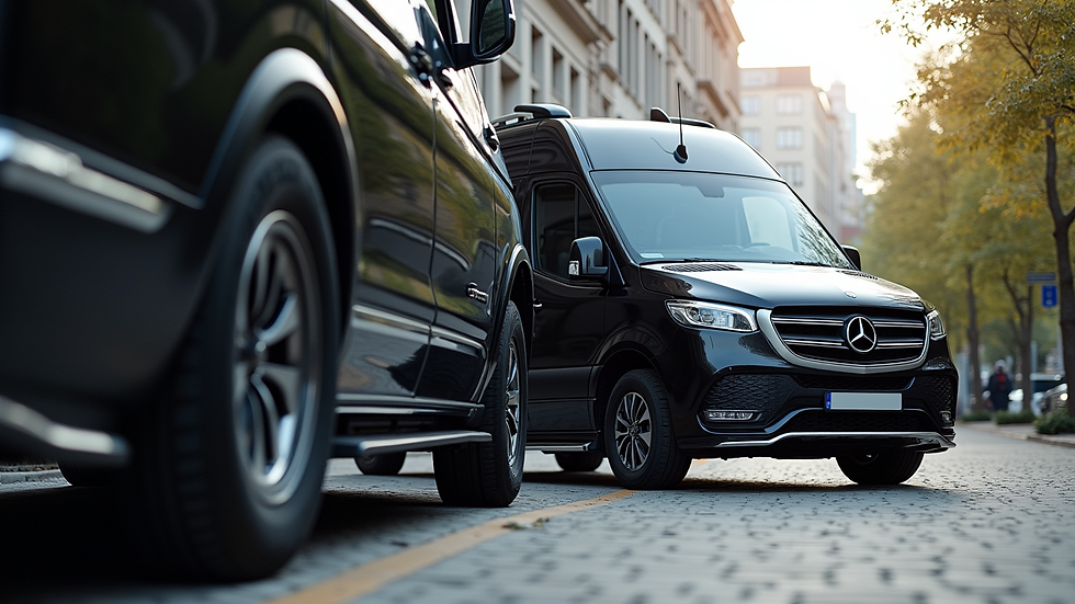 Eye-level view of a mobile detailing van parked beside a luxury SUV