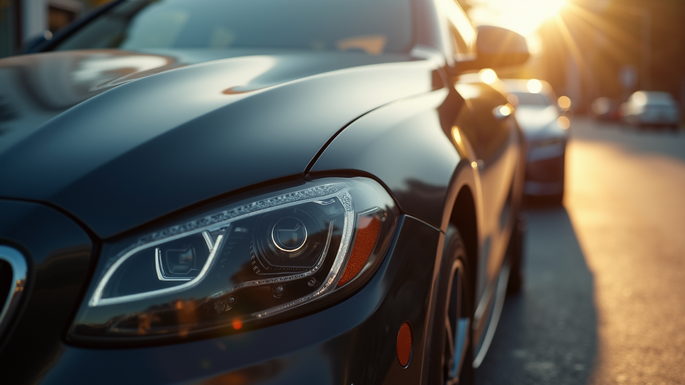 Close-up view of a luxury car’s polished exterior reflecting sunlight