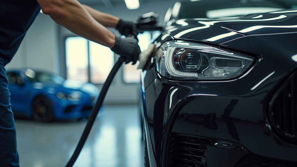 Eye-level view of a luxury car being polished by a professional detailer