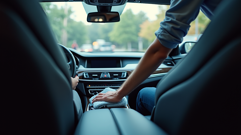 Eye-level view of a luxury car interior being meticulously cleaned