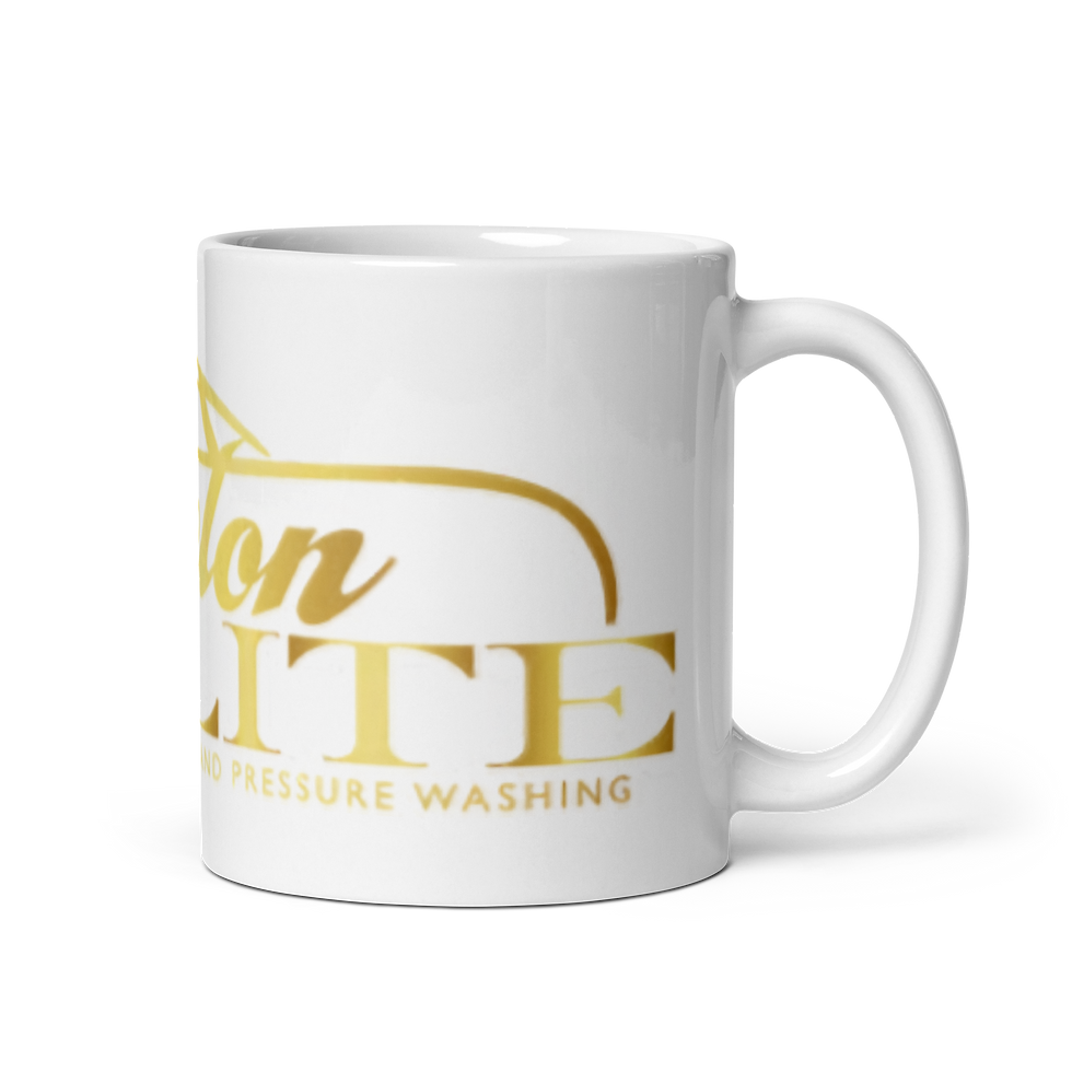 White mug with gold Echelon Elite logo and pressure washing text.