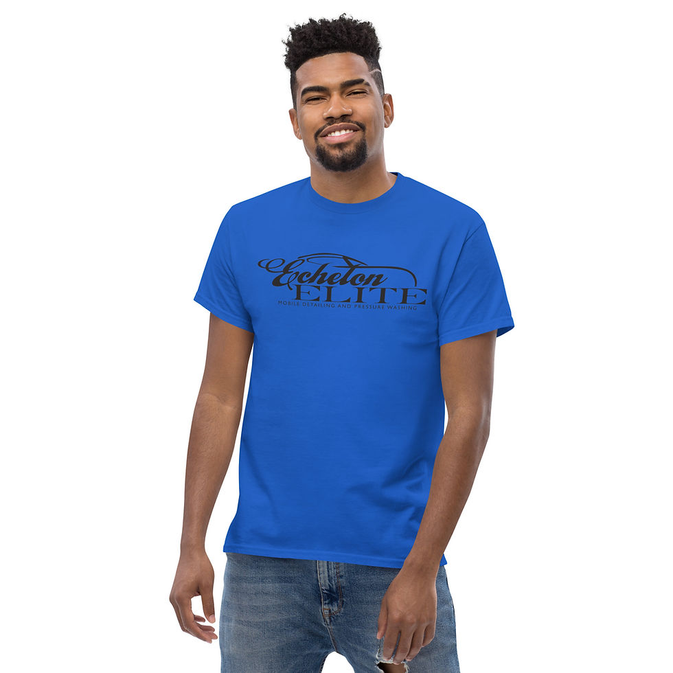 Man wearing blue t-shirt with Echelon Elite text, Unisex classic tee.
