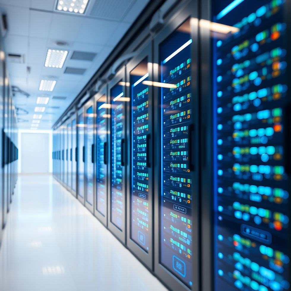 Servers in a data center, futuristic and clean, slightly blurry and optimistic, bright.jpg