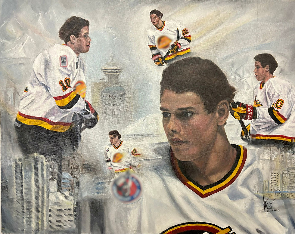 compositional oil painting of Canucks hockey player Bure, shown in action shots with Vancouver buildings as backdrop
