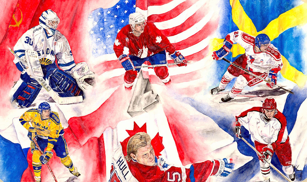 original compositional watercolor of 6 hockey players from Canada Cup