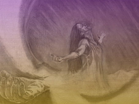 Woman with arms outstretched, looking up to Heaven