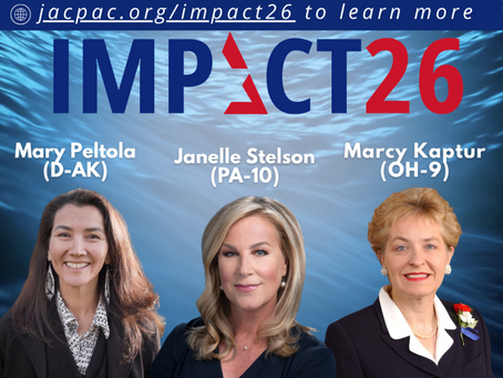 IMPACT '26 graphic featuring Democratic candidates Mary Peltola (Alaska Senate), Janelle Stelson (Pennsylvania's 10th Congressional District), and Marcy Kaptur (Ohio's 9th Congressional District) with the message "Start a Ripple. Build a Wave."