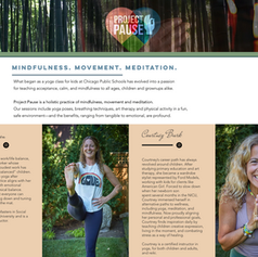 The homepage of the Project Pause Yoga website showcasing their logo over a background of trees with the sun shining through as well as two write-ups of the founders Carrie Barron & Courtney Burk. 