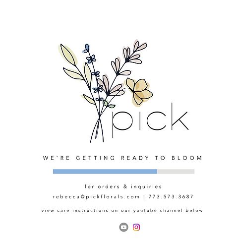 pick logo homepage with clean black font that says pick and a small bouquet of wildflowers