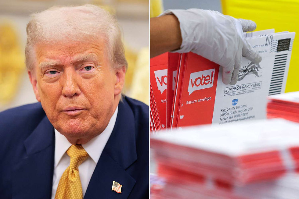 Donald Trump speaking with mail-in ballot image, article on Trump election lies and democracy threats