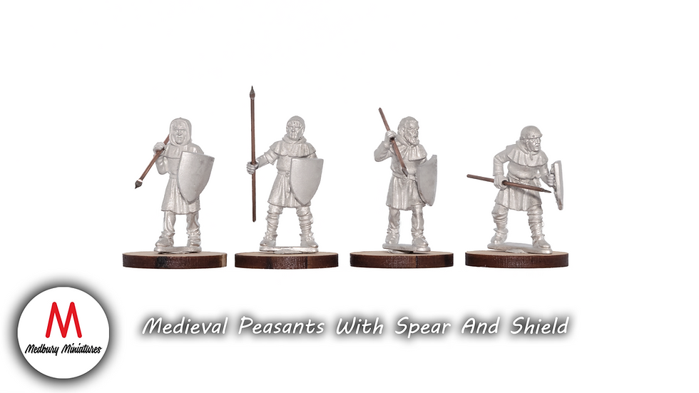 4 x medieval peasants with spear and shield 28mm miniatures