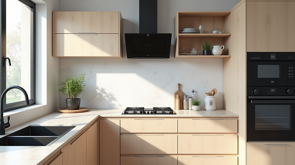 Eye-level view of a modern kitchen renovation with new cabinets and countertops