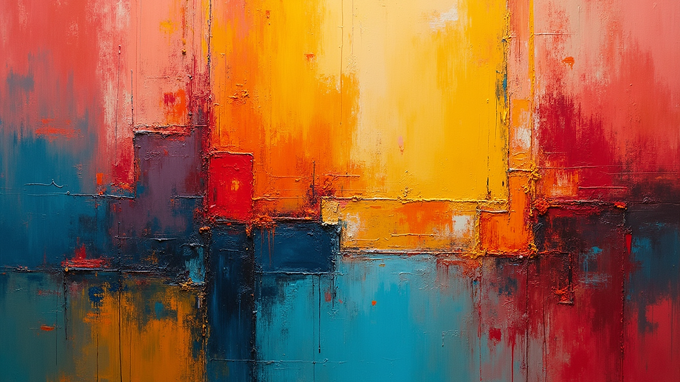 Close-up de uma pintura abstrata com cores vibrantes e formas geométricas