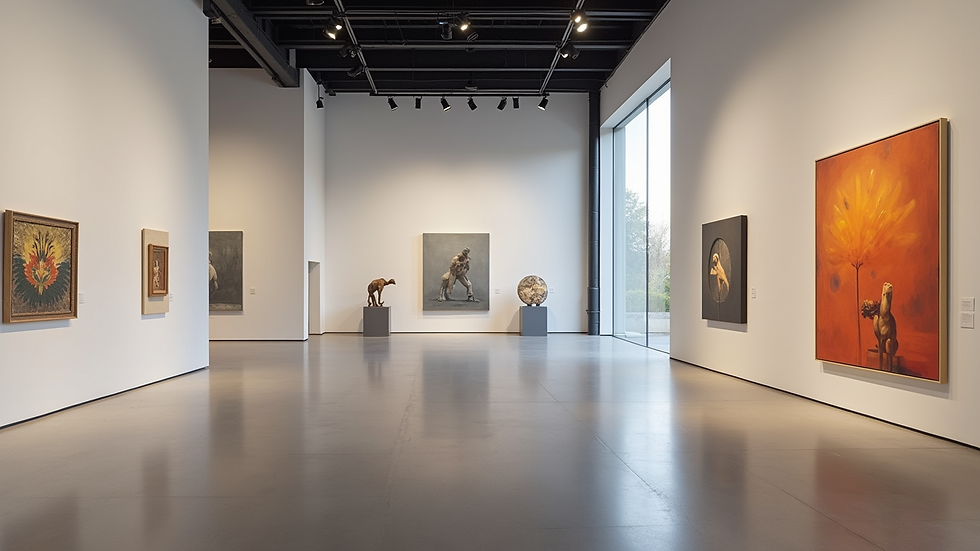 Eye-level view de uma galeria de arte moderna com esculturas e pinturas expostas