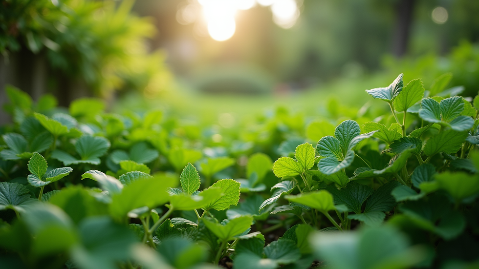 Eye-level view of a lush green garden with various plants