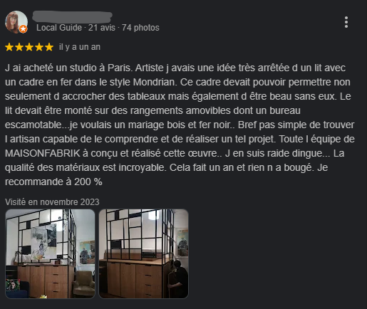 Capture d’écran d’un avis client 5 étoiles sur 5 pour un lit estrade multifonction sur mesure réalisé par MAISONFABRIK dans un Airbnb à Paris