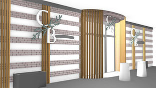 Plan 3D d’entrée d’entreprise MAISONFABRIK avec logo en bois, claustra bois sur le bâtiment et entrée arrondie sur mesure