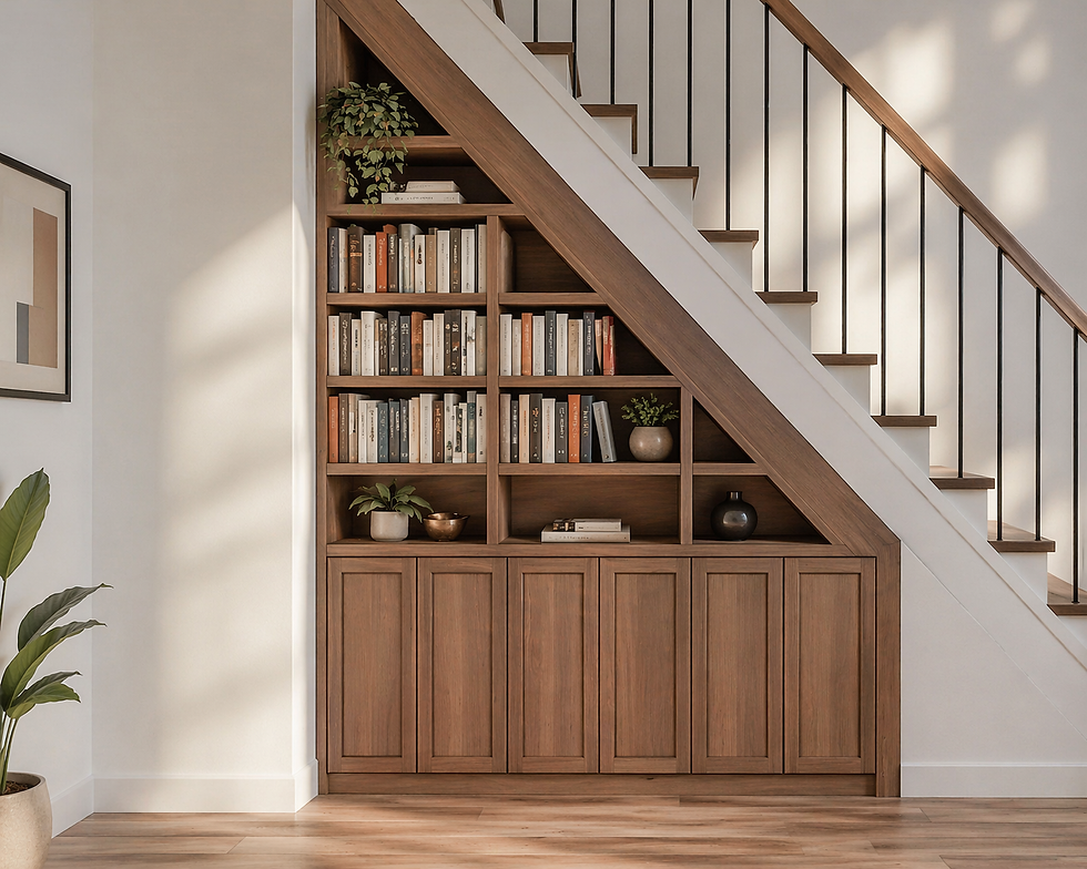 Bibliothèque sur mesure intégrée sous escalier avec des caissons bas fermés pour du rangement discret, et une partie haute en niches ouvertes pour exposer livres et objets décoratifs. Finition bois idéale pour un intérieur résidentiel haut de gamme.