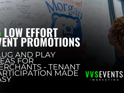 Tenant playbook graphic showing low-effort event promotions for busy merchants during shopping center events by VVS Events & Marketing